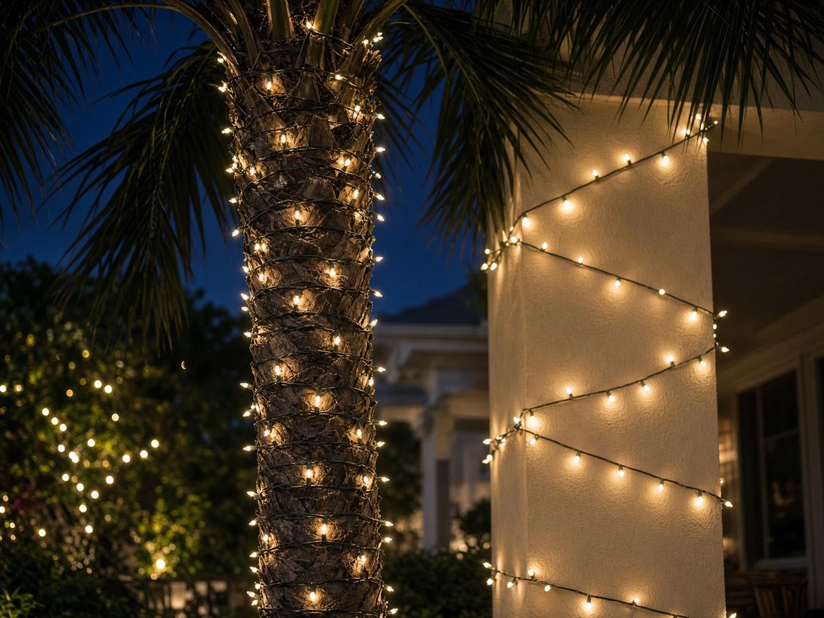 Warm-white lights wrapped on a palm trunk beside a cream stucco column at blue hour