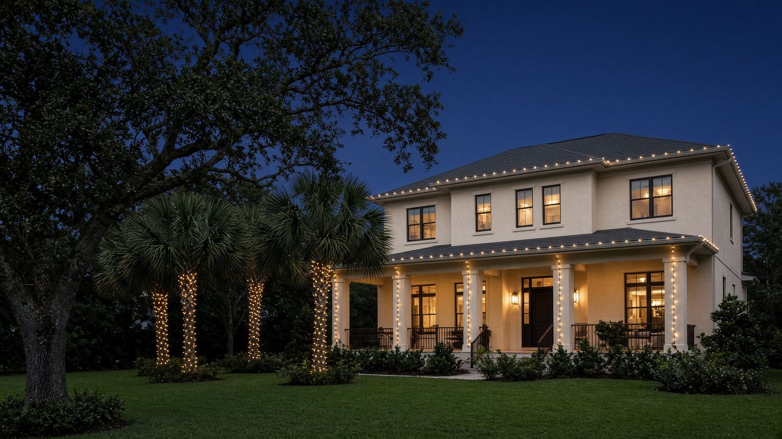Cream stucco coastal home at dusk with warm-white lights on the roofline and sabal palms