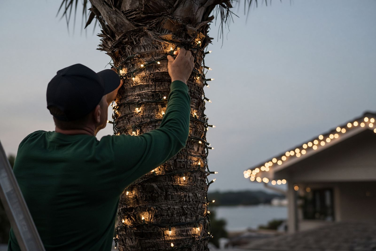 An installer in a dark green shirt clipping warm-white lights onto a sabal palm at dusk