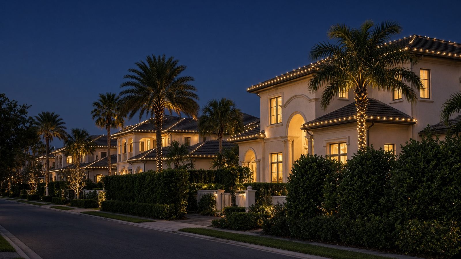 A quiet Ponte Vedra street at dusk, homes lined with warm-white roofline and palm lights